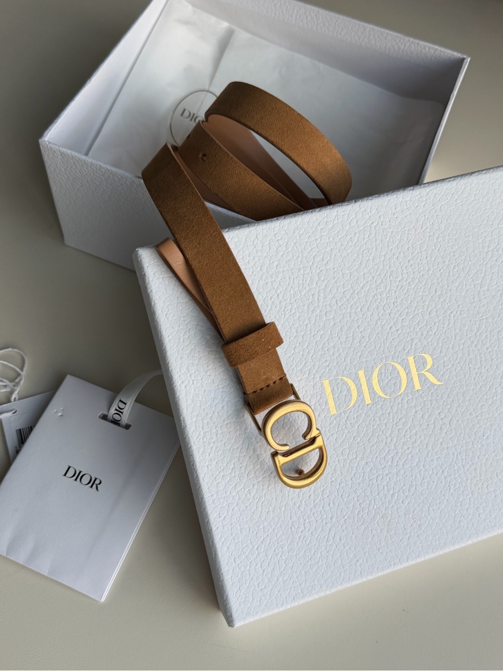 Dior Saddle Belt in light Suede Gold CD Buckle 75cm - New in Box